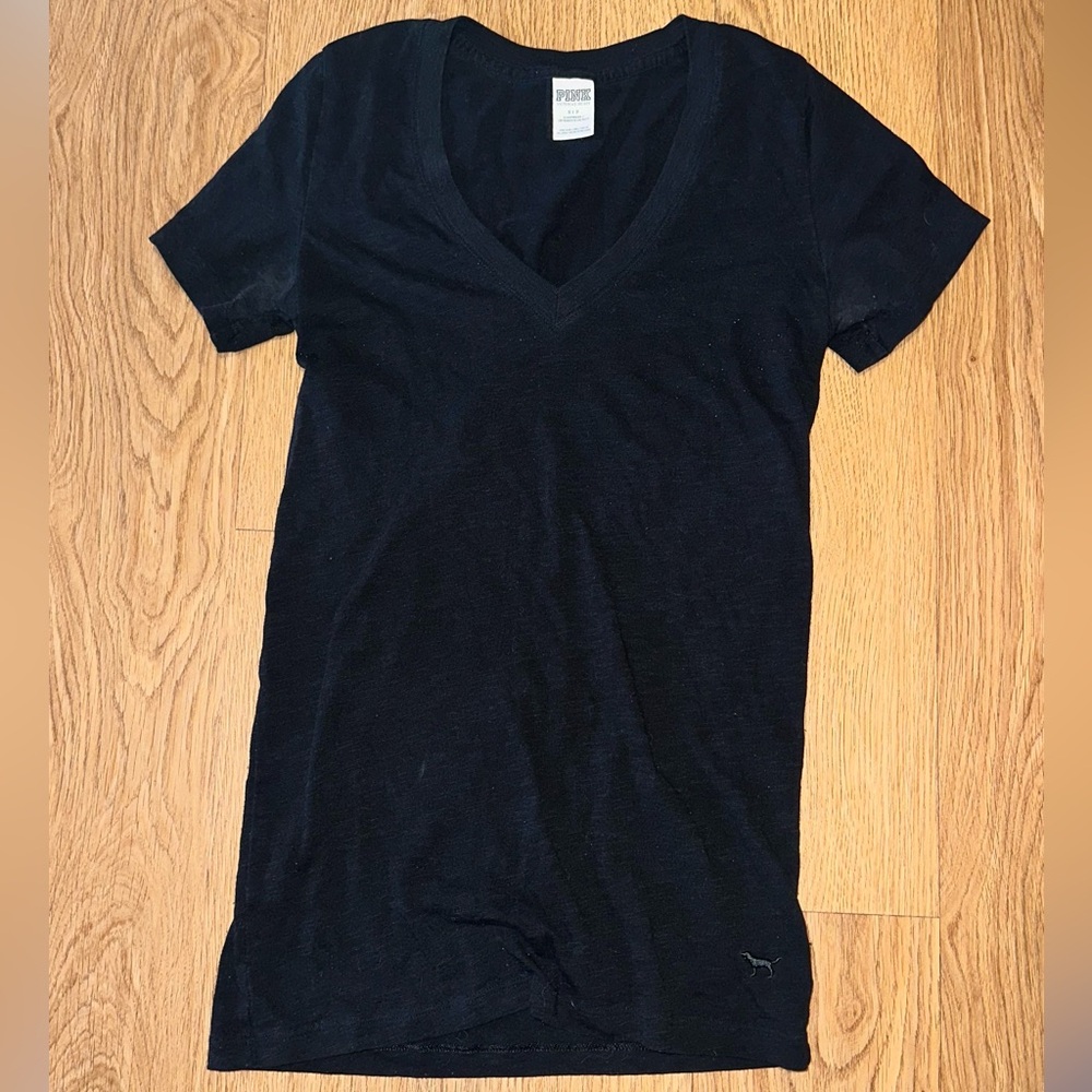 PINK Victoria's Secret Black V-Neck Tee Plain Staple T-Shirt
